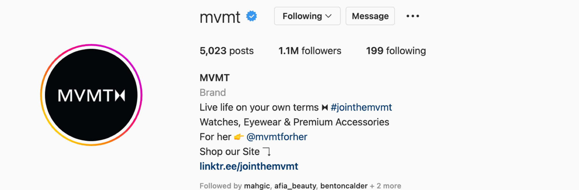 A screenshot of MVMT's Instagram profile showing how it promotes UGC through its branded hashtag and highlights.