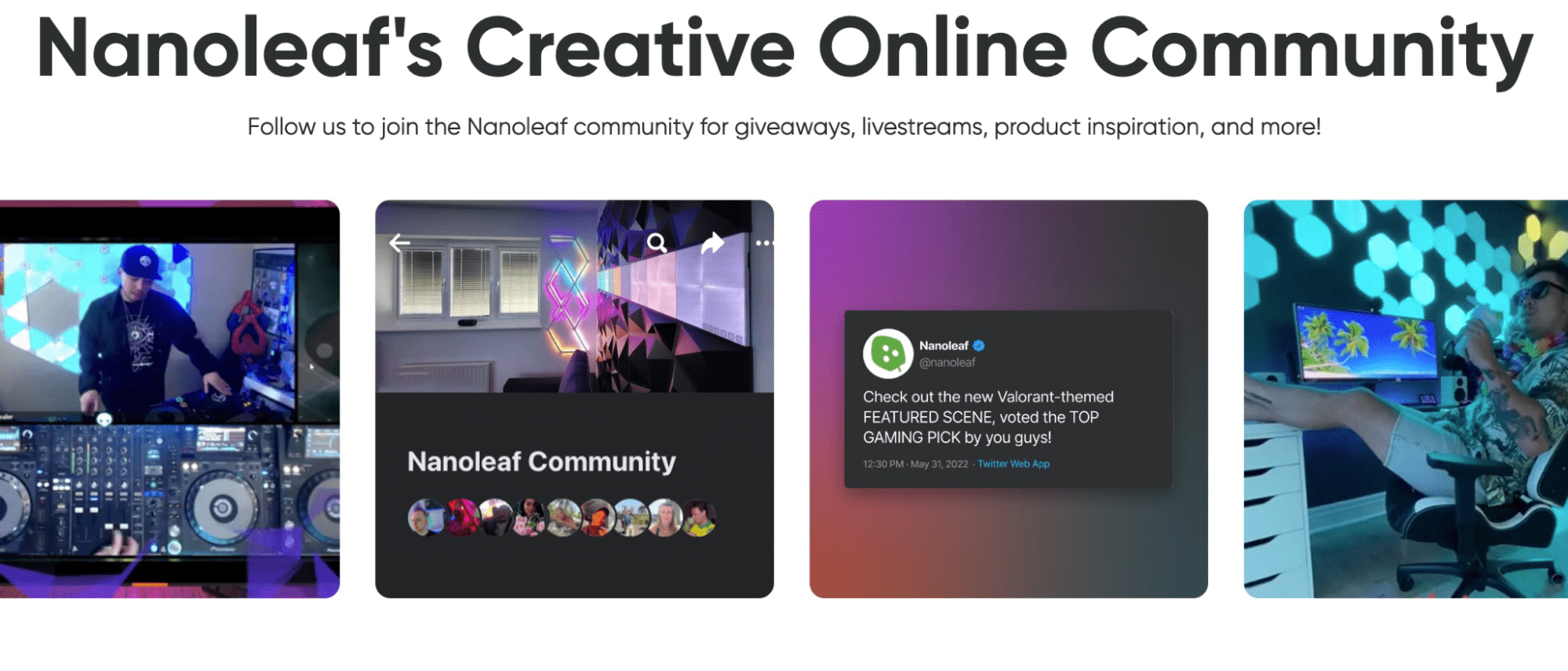 Screenshot of Nanoleaf's Creative Online Community section on their homepage, which shows UGC from their fans on TikTok, Twitter, Instagram, and other social media channels.