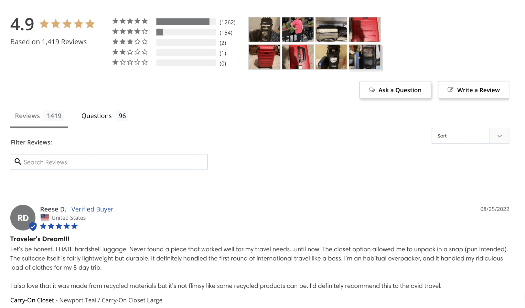 A screenshot of Solgaard's reviews carousel that showcases its 4.9 star rating with 1,419 reviews