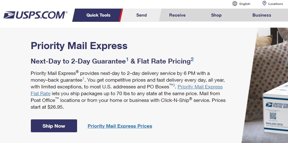 USPS Priority Mail Express options screenshot