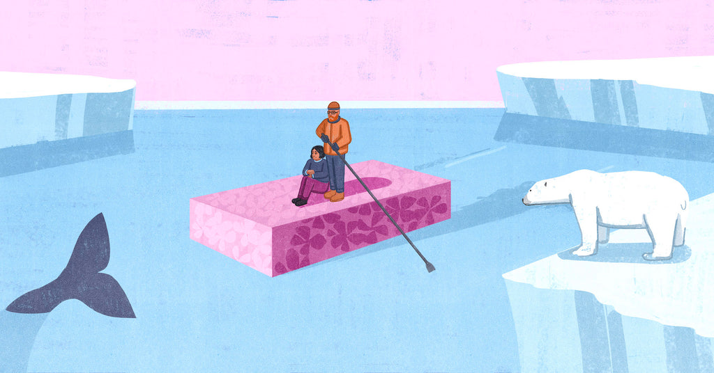 Illustration of Bernice and Justin Clarke sailing on a bar of the soap that they made, that is violet with implied native flora on it. Icebergs surround them and there is a polar bear looking at them in the foreground.