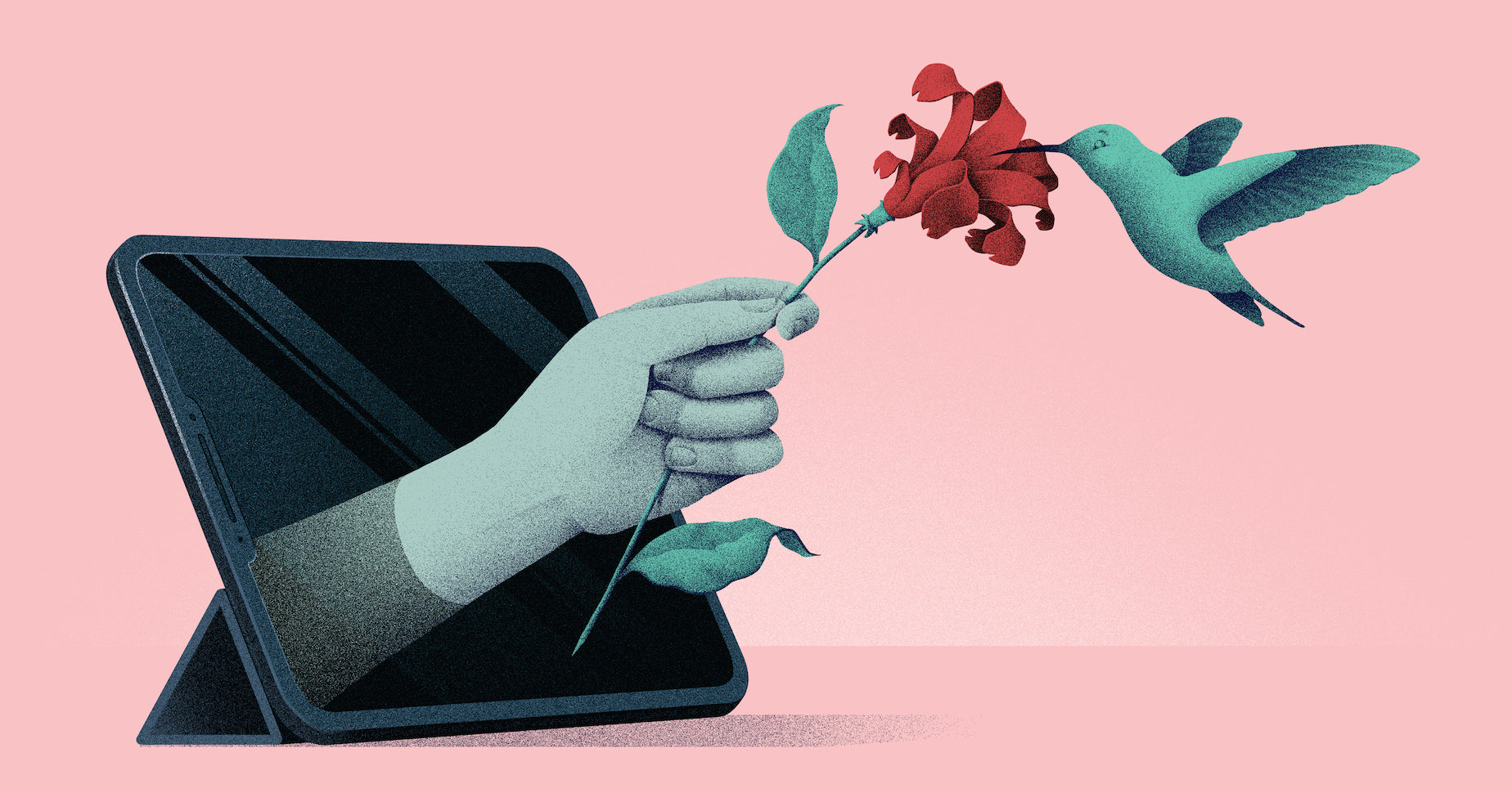 Illustration of a hummingbird landing on a hand holding a flower from a computer screen, representing how your value proposition needs to appeal to your target customer