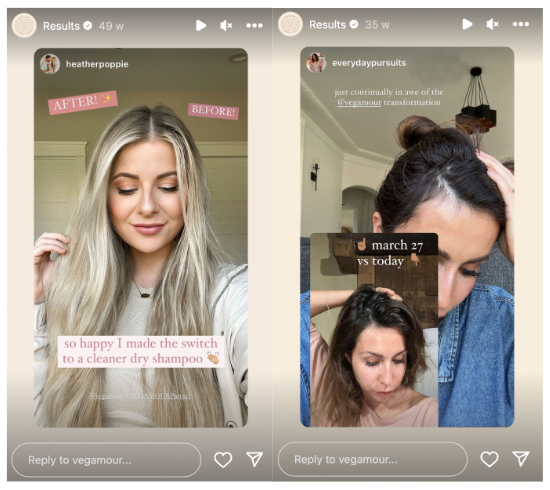 Screenshot of two Vegamour Instagram Stories showing before and after shots of women who have used the brand’s vegan shampoo.