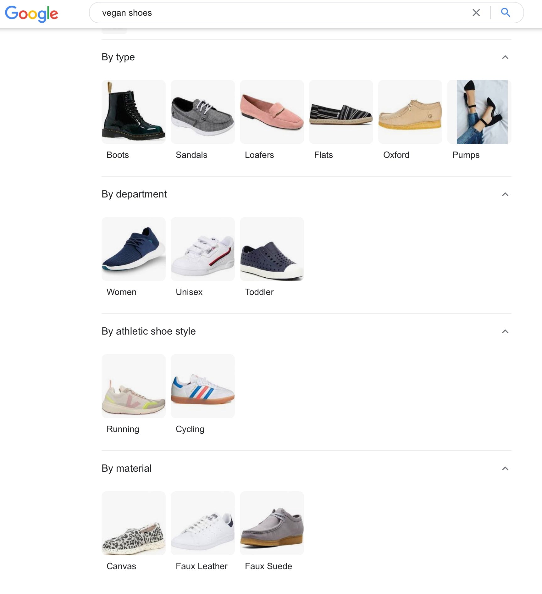 Image of Google search results for vegan shoes