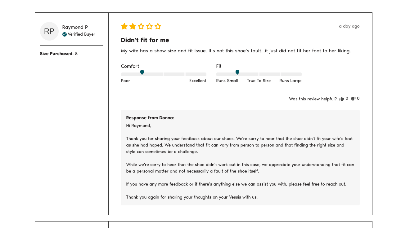 A three-star review on a product on the Vessi website, with response from the customer support team