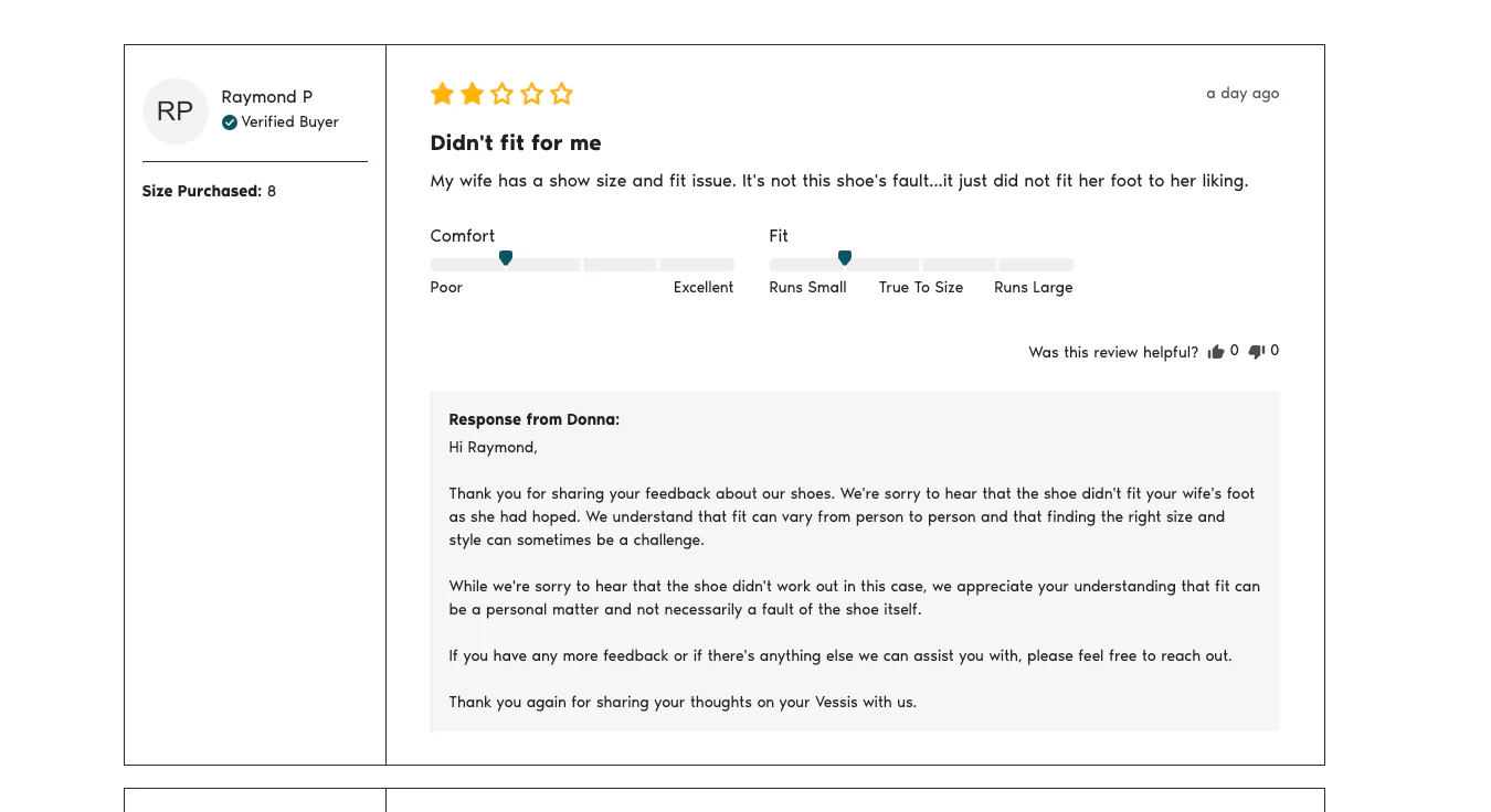 A three-star review on a product on the Vessi website, with response from the customer support team