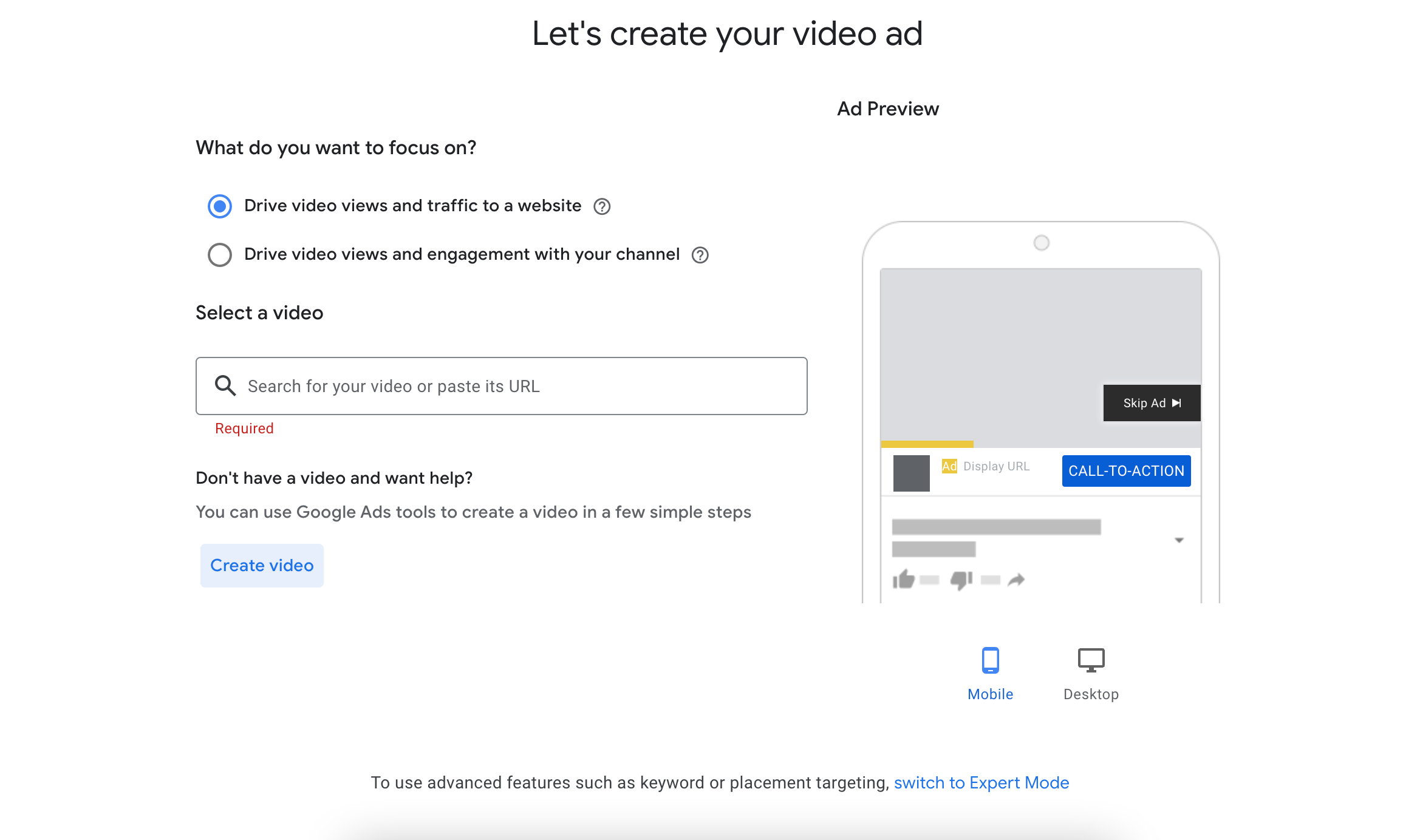 The first step of creating a video ad on YouTube