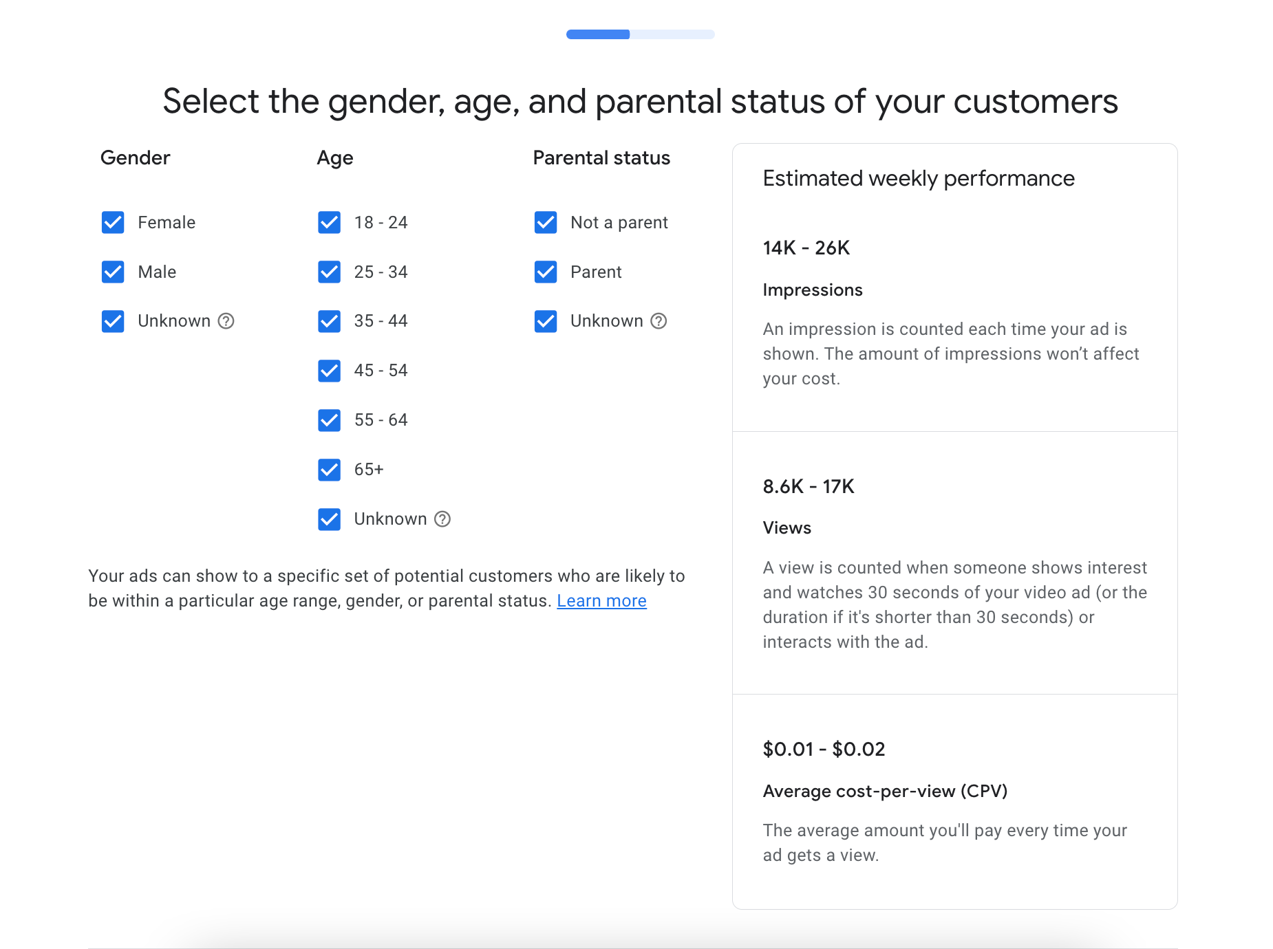 Select the age and parental status of your audience when creating a YouTube ad