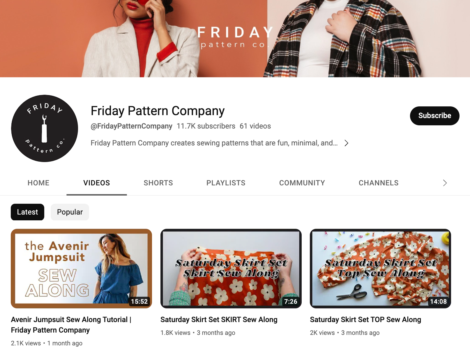 Screengrab of a YouTube channel from Friday Pattern Company