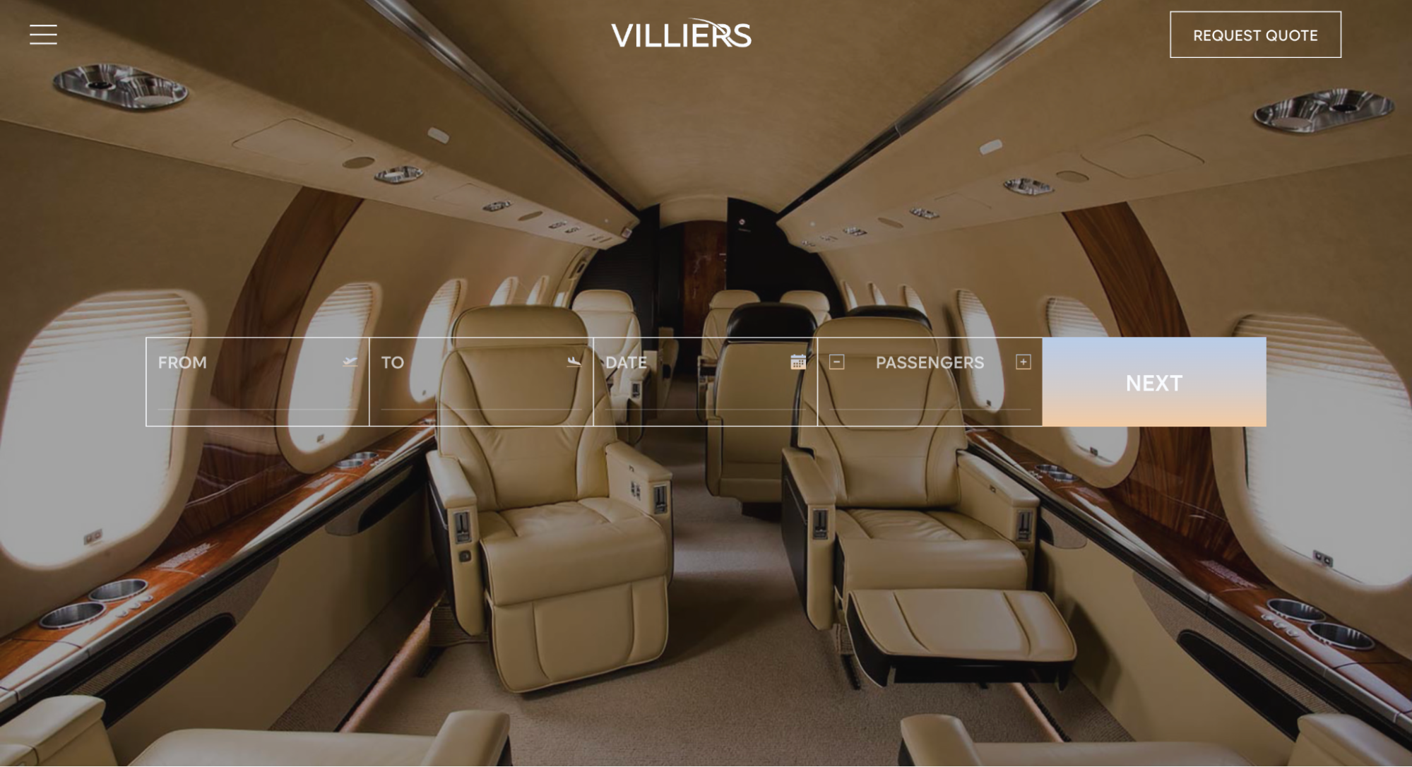 Villiers homepage with a search bar and background image showing a private jet interior.