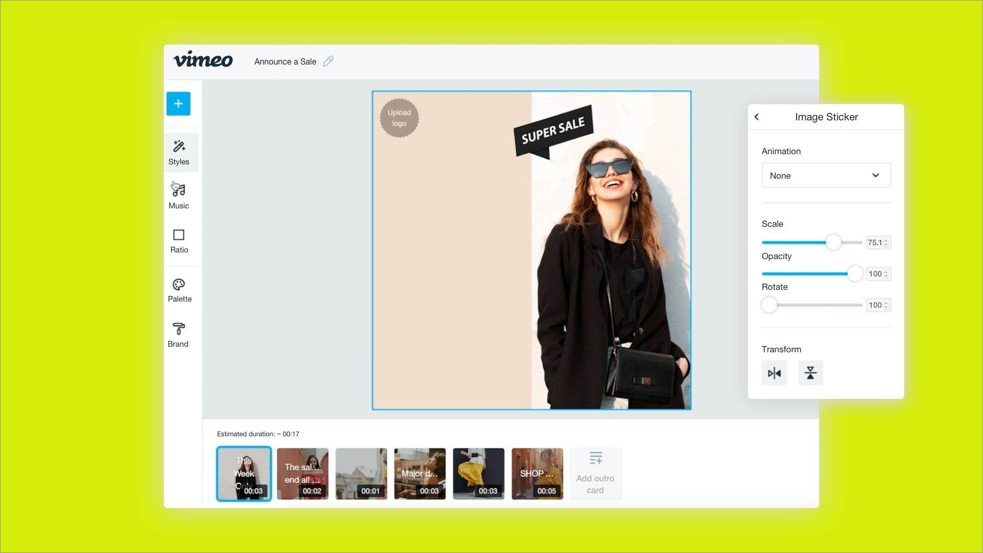 Vimeo video editor interface with “SUPER SALE” sticker on a fashion ad layout.