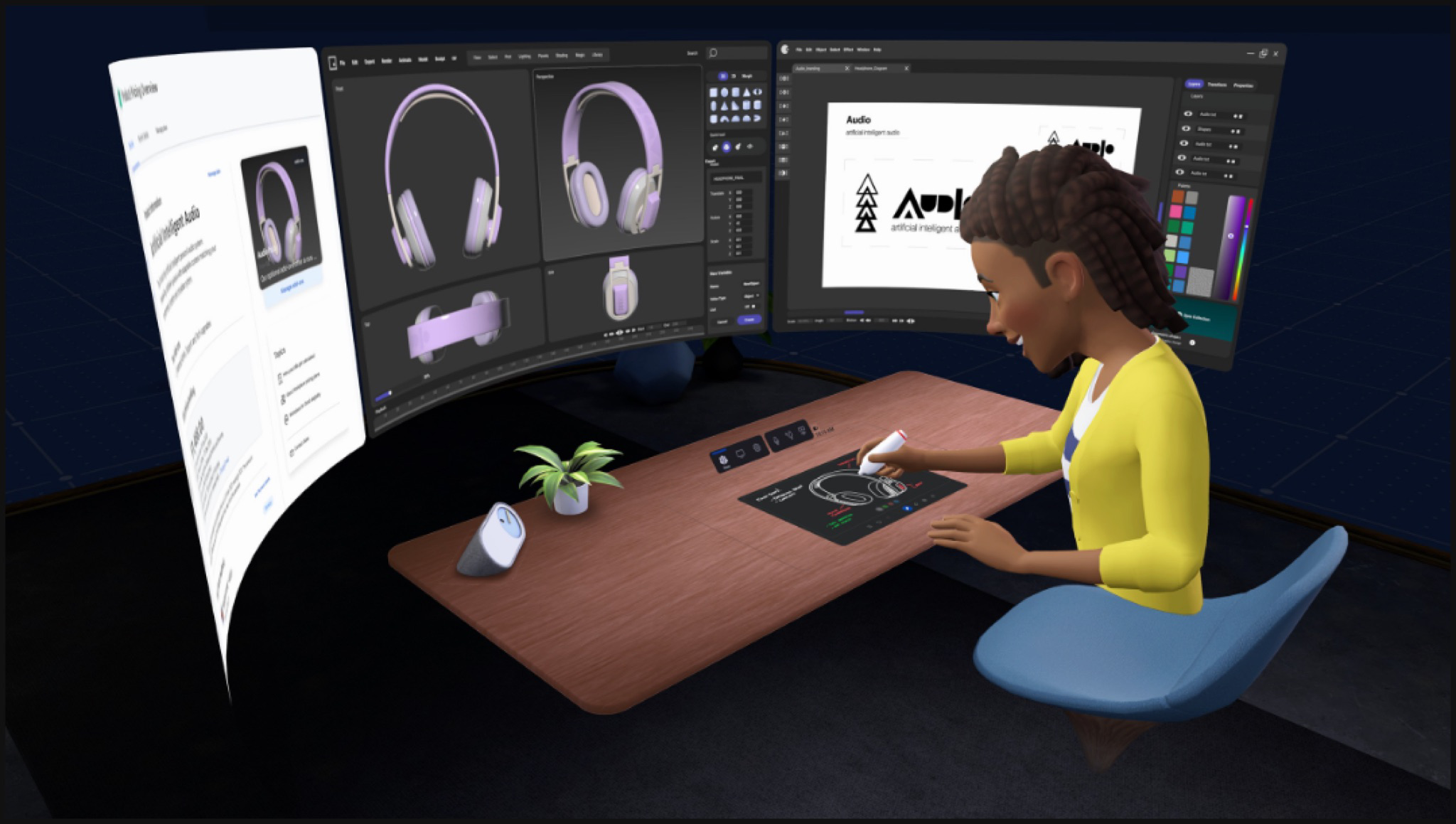 Image of Meta Horizon Workrooms in action with a 3D avatar working at a virtual desk with monitors in VR