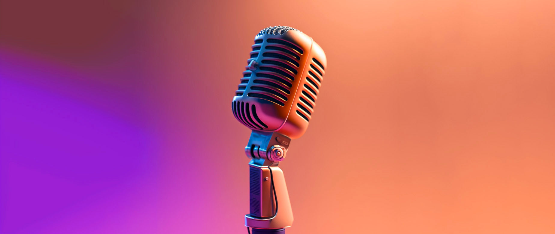 a microphone against a purple and orange background: voice of the customer