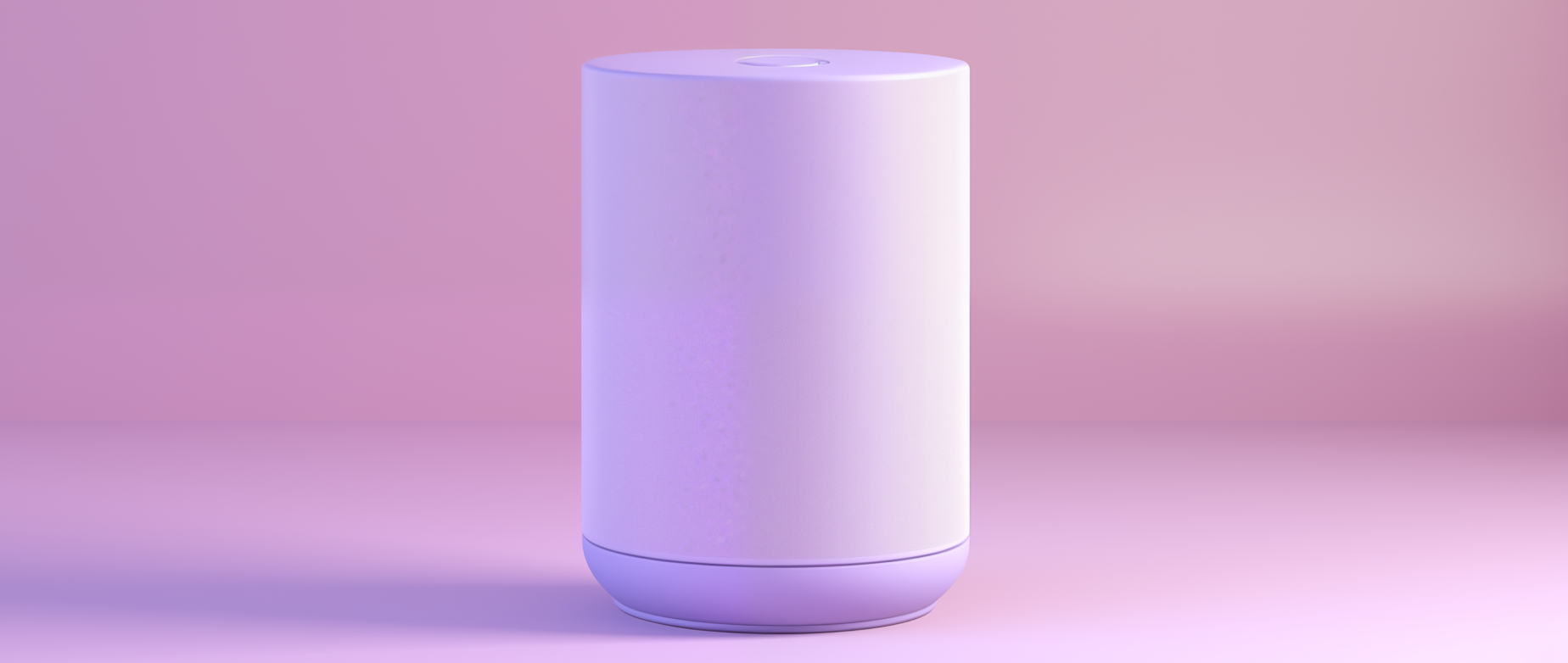 A white voice command device on a pink background.