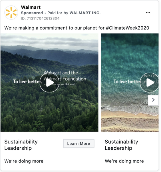 Walmart sustainability ad carousel with videos showing a rainforest and tropical beach.