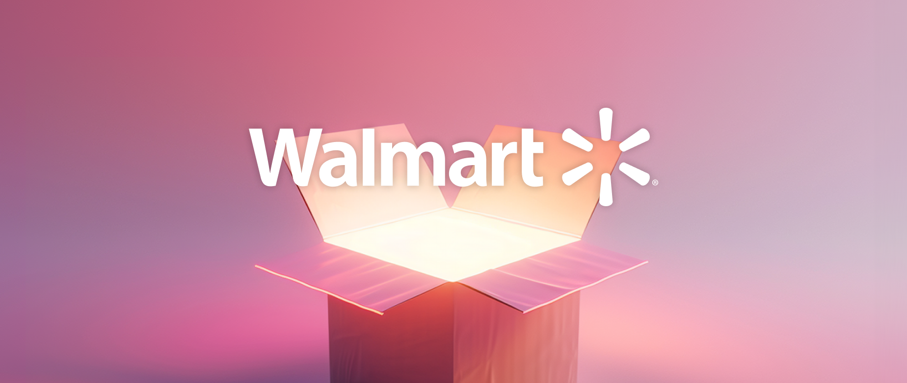 The Walmart logo rises from a cardboard shipping box, representing dropshipping on Walmart.