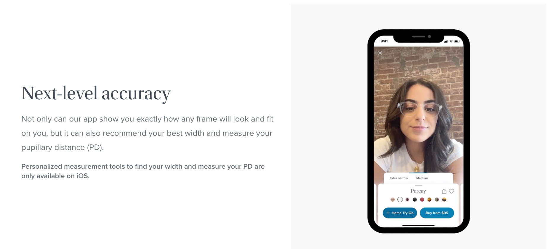 Screenshot of Warby Parker’s mobile app showing a woman with a pair of digital glasses overlaid onto her device’s camera.