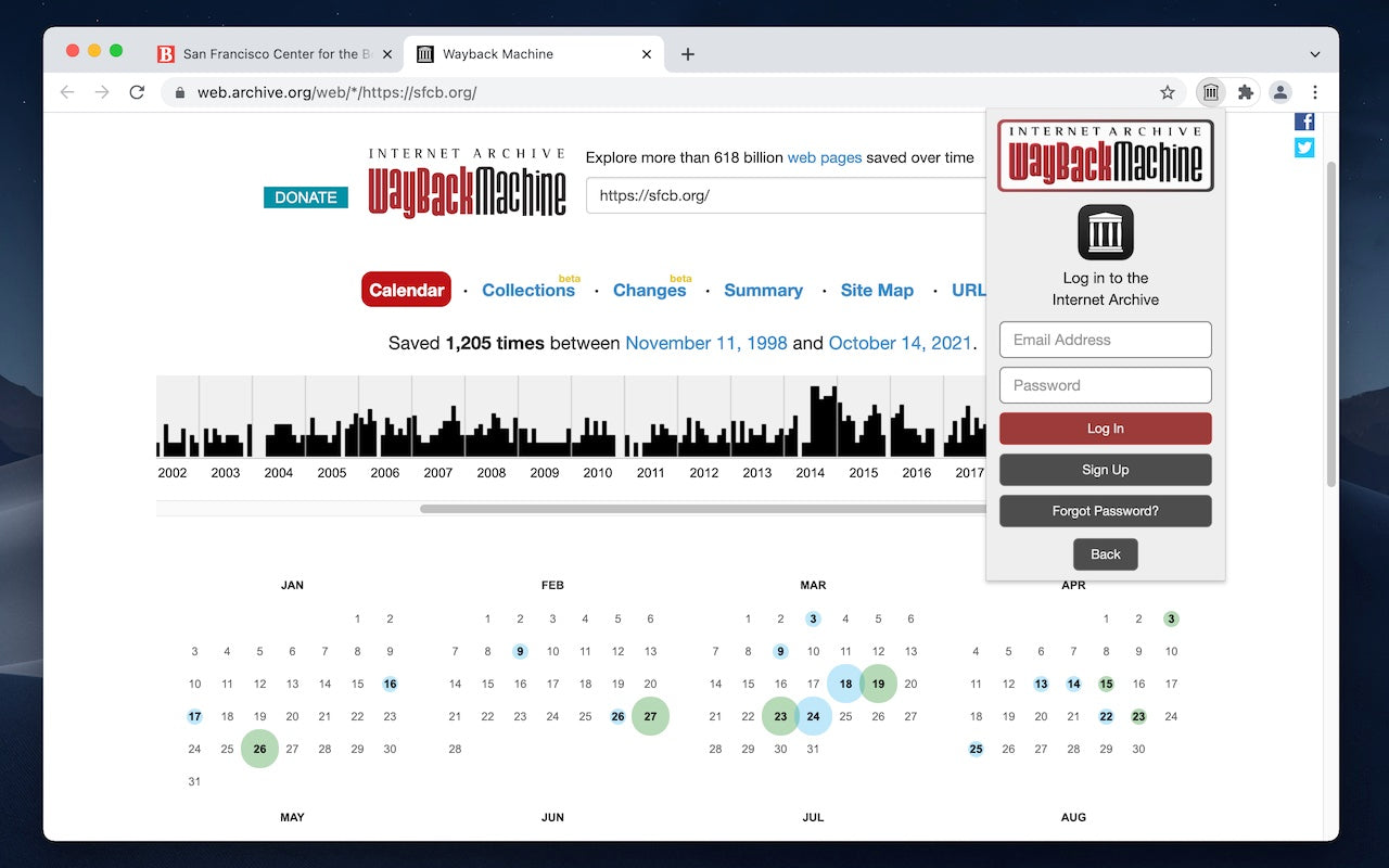 Wayback Machine interface showing a calendar of website snapshots over time.
