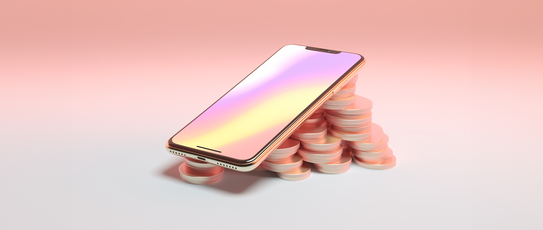 Face up smart phone laying on a stack of coins on a pink background: make money from your phone