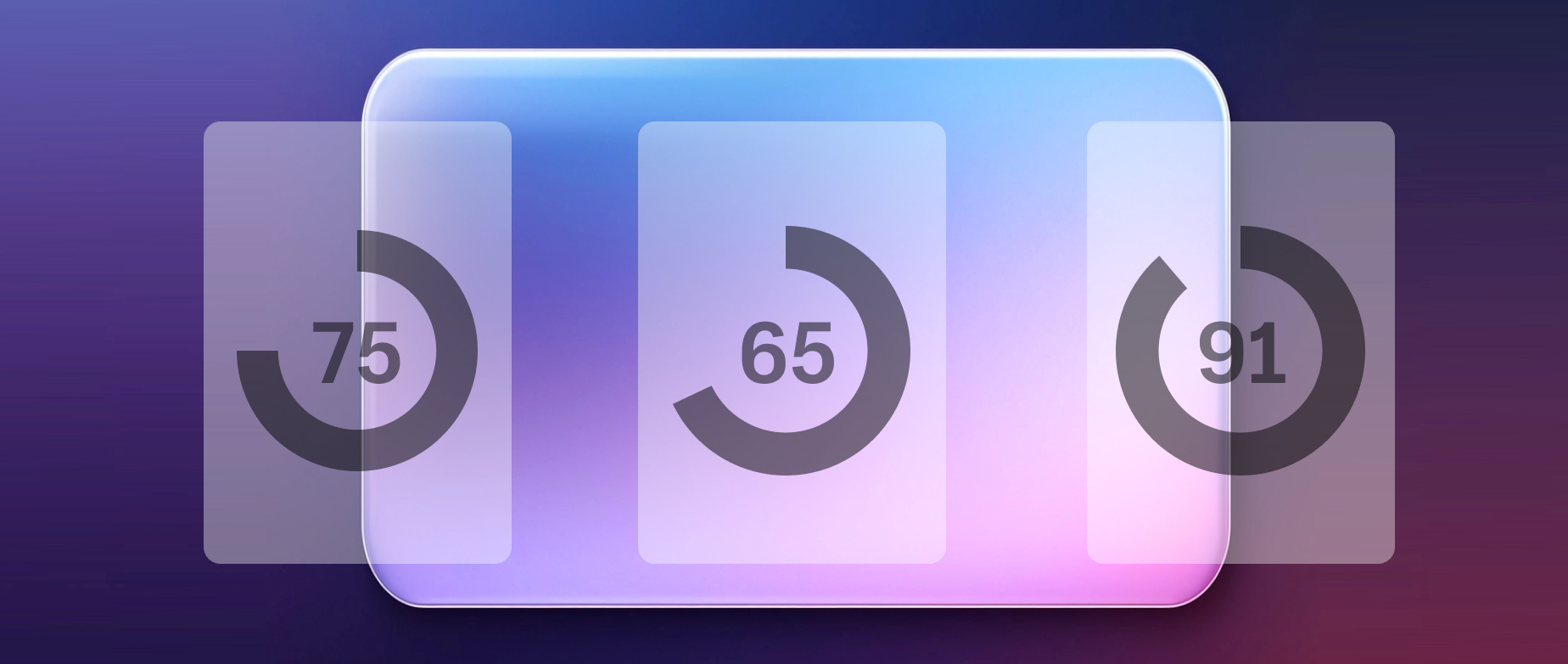 Three different scores with partial circles over a light colored square and a purple blue background.