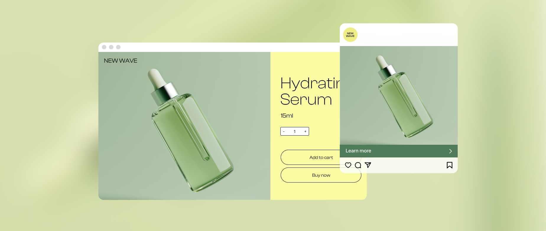 A new wave website advertisement for hydratin serum on a light green background.