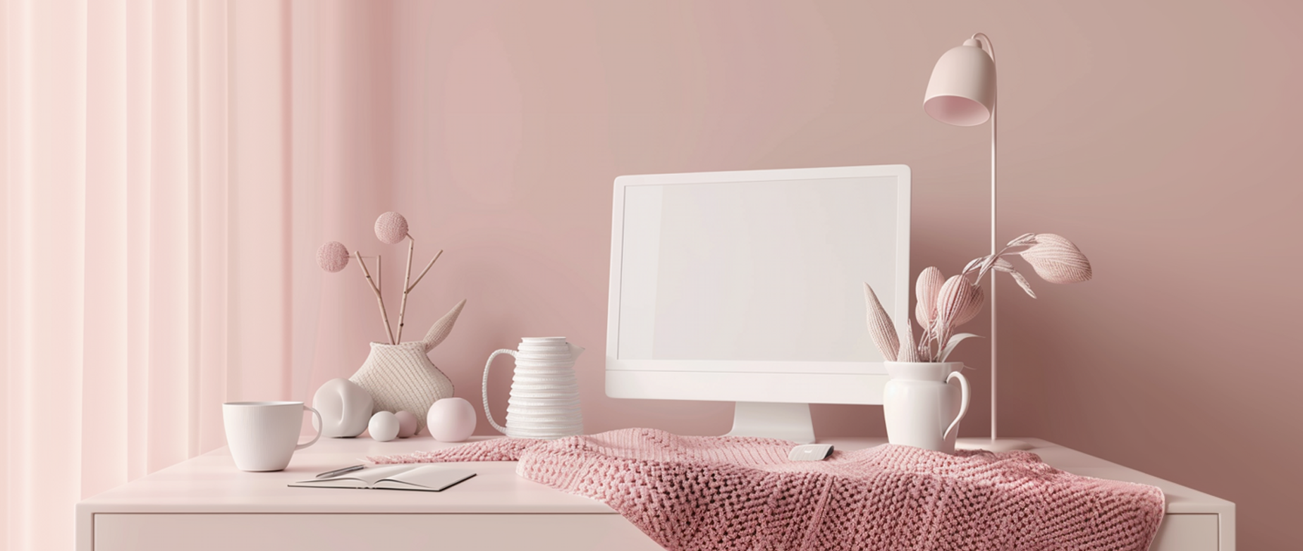 A home office desk set up with pink walls and decor.