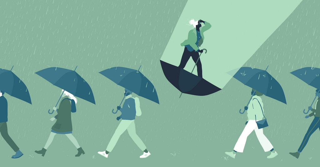 Illustration of people walking in a line holding umbrellas, while one person (representing an entrepreneur) stands on an upside down umbrella seeking the light