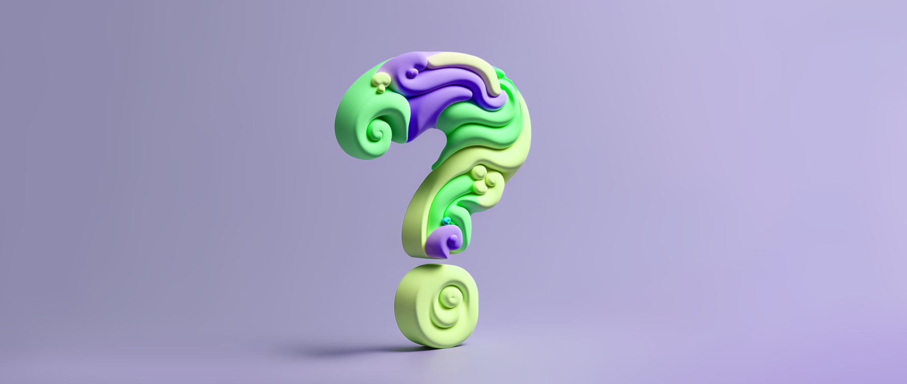 Light purple background with a green and purple question mark: what is graphic design