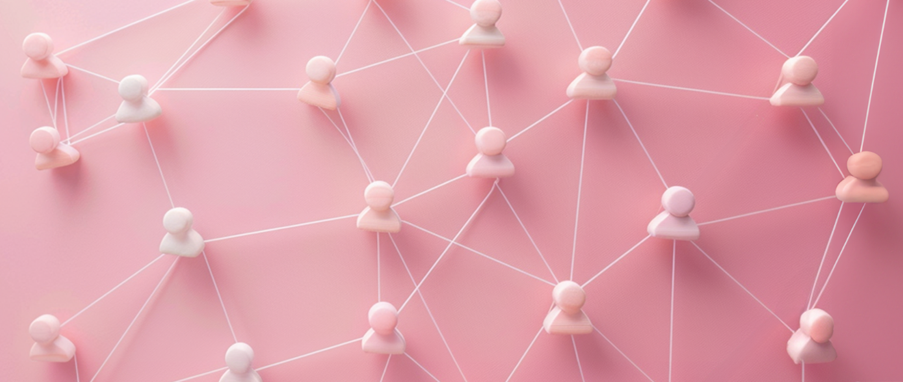 Profile icons connected with pathways on a pink background.