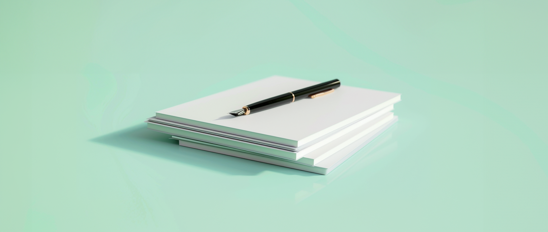 a stack of papers and pen on a green background representing a business propopsal