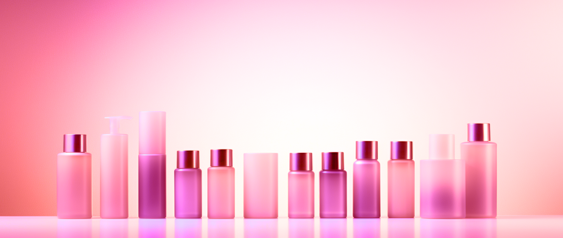 An array of pink cosmetics next to one another with a light shining on them against a pink background.