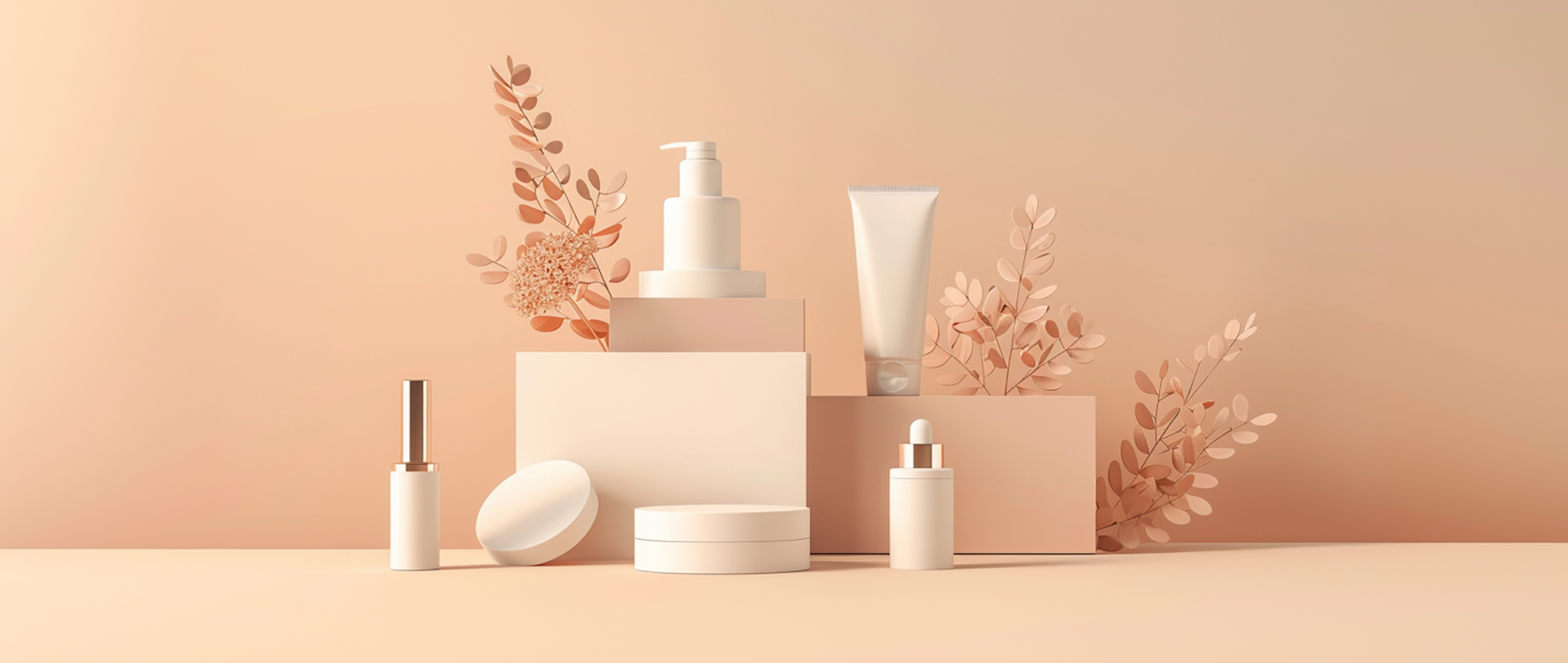 A cosmetics product display on a peach colored background.