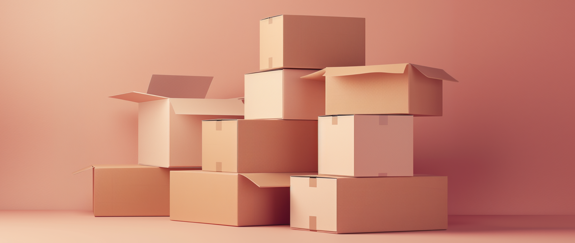 A large stack of shipping boxes on a light red background.