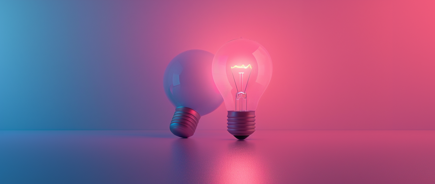 A lit light bulb next to an unlit lightbulb laying on its side on a blue and pink background.