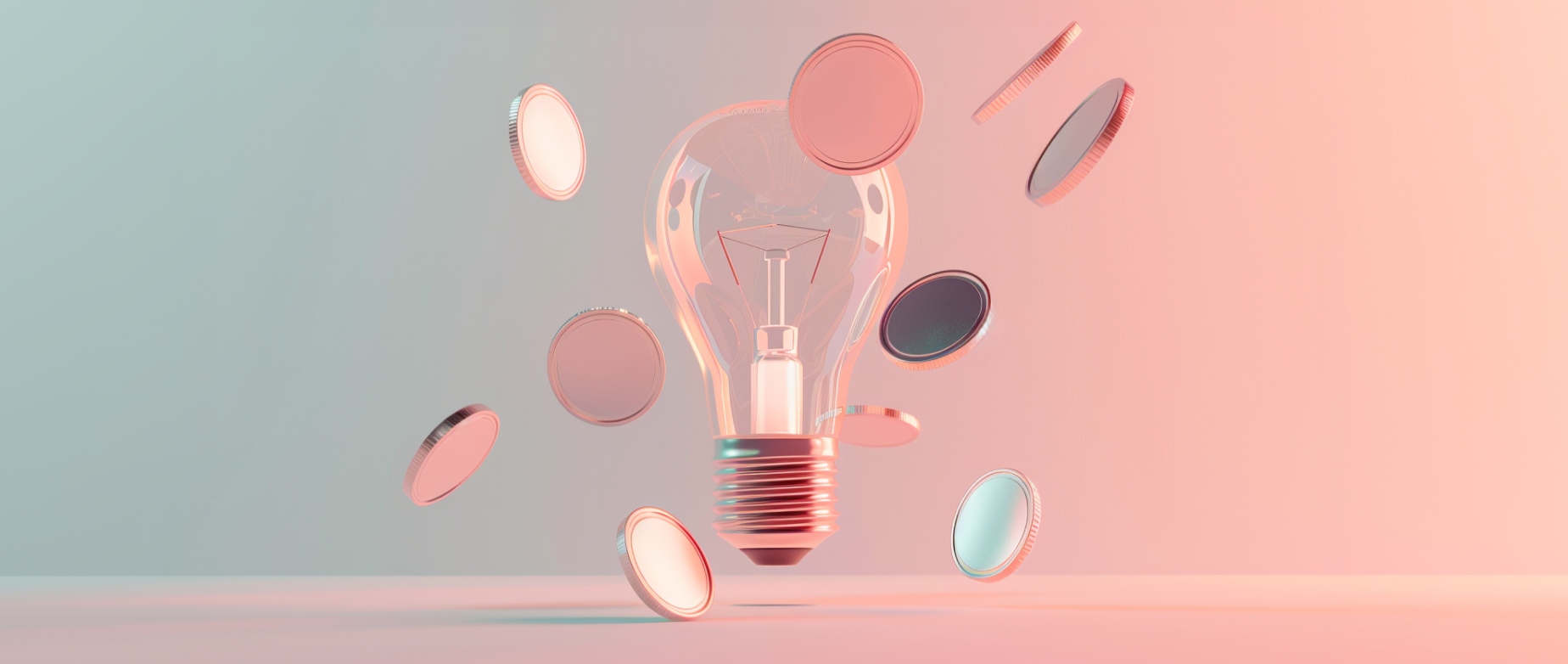 A lightbulb surrounded by falling silver coins on a blue and peach background.