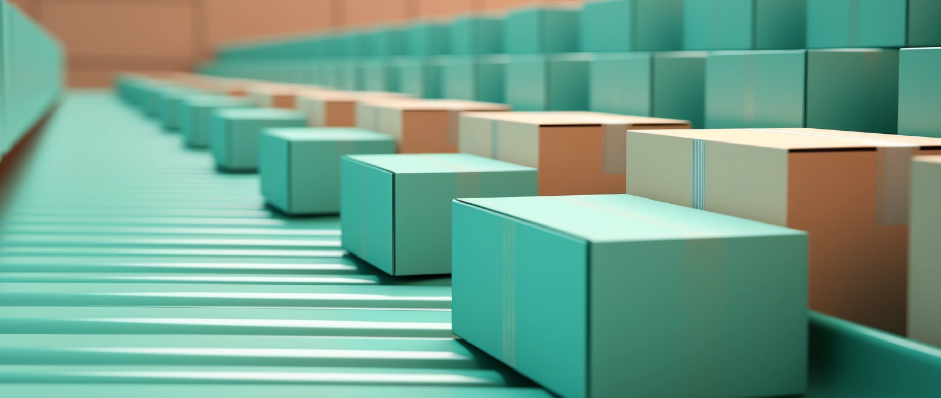 Lines of cardboard boxes on a conveyor belt light by a mint green light.