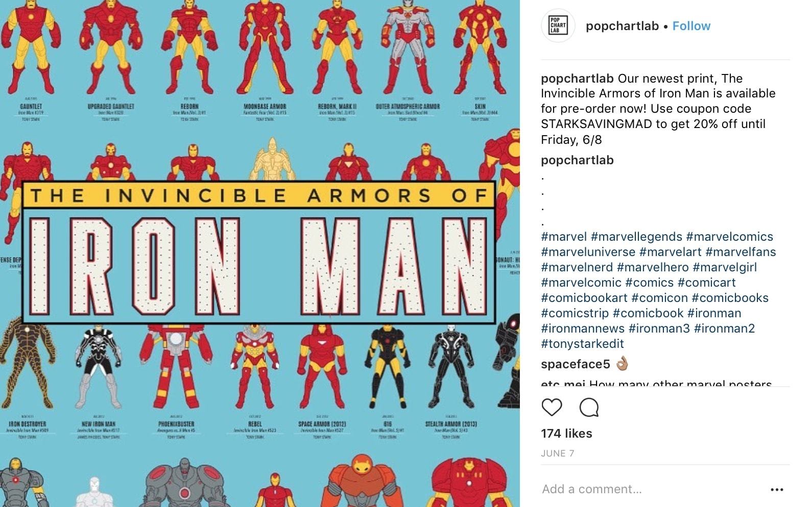 Instagram announcement idea from PopStartLabs showing its newest Ironman poster