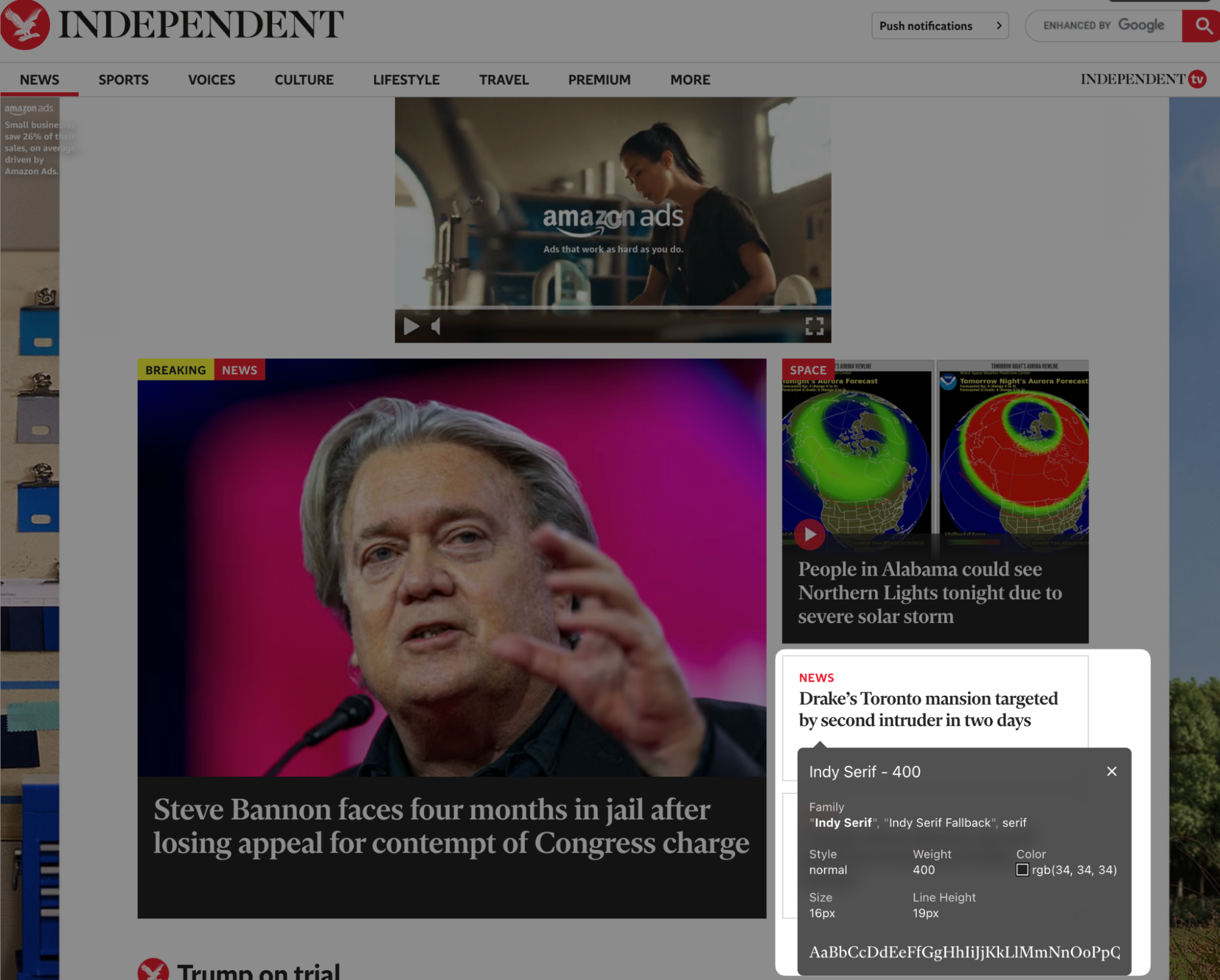 News homepage showing Steve Bannon facing jail and Northern Lights forecasts with font details in a pop-up.