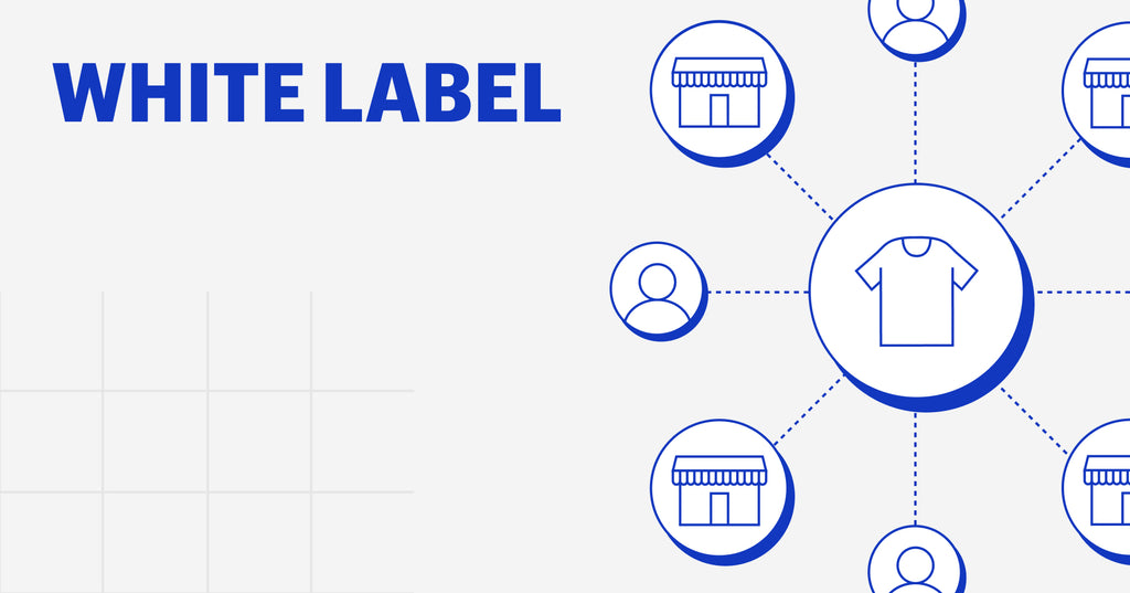 white label: spoke with products in circles like t-shirts, silhouette of person, and retail storefront