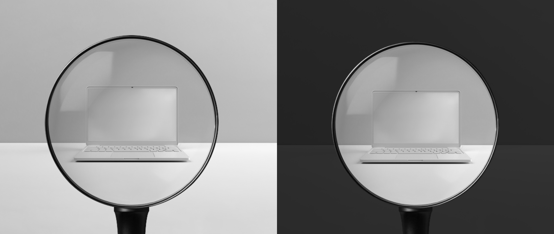 a split screen showing an open laptop through a magnifying glass on both sides, one with a black background and the other with a white background: white hat vs black hat seo