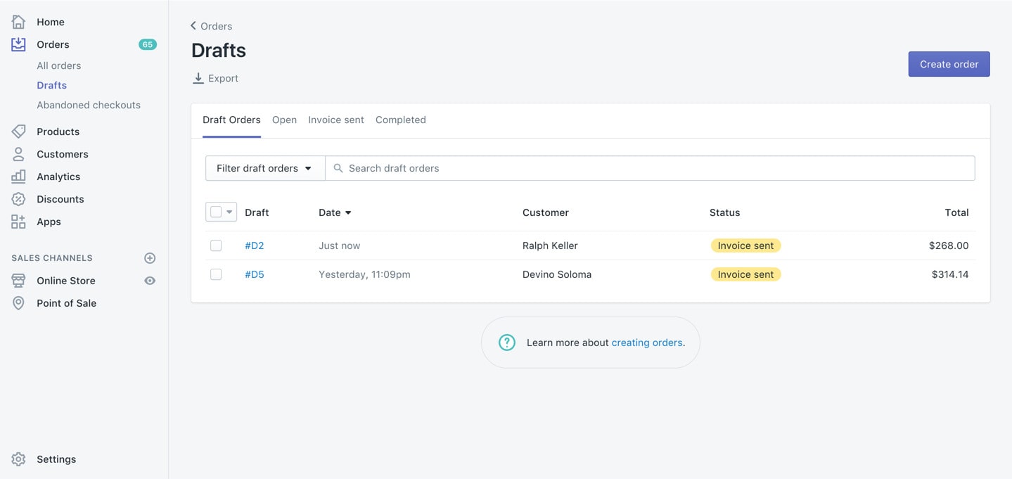 shopify draft orders to create invoices