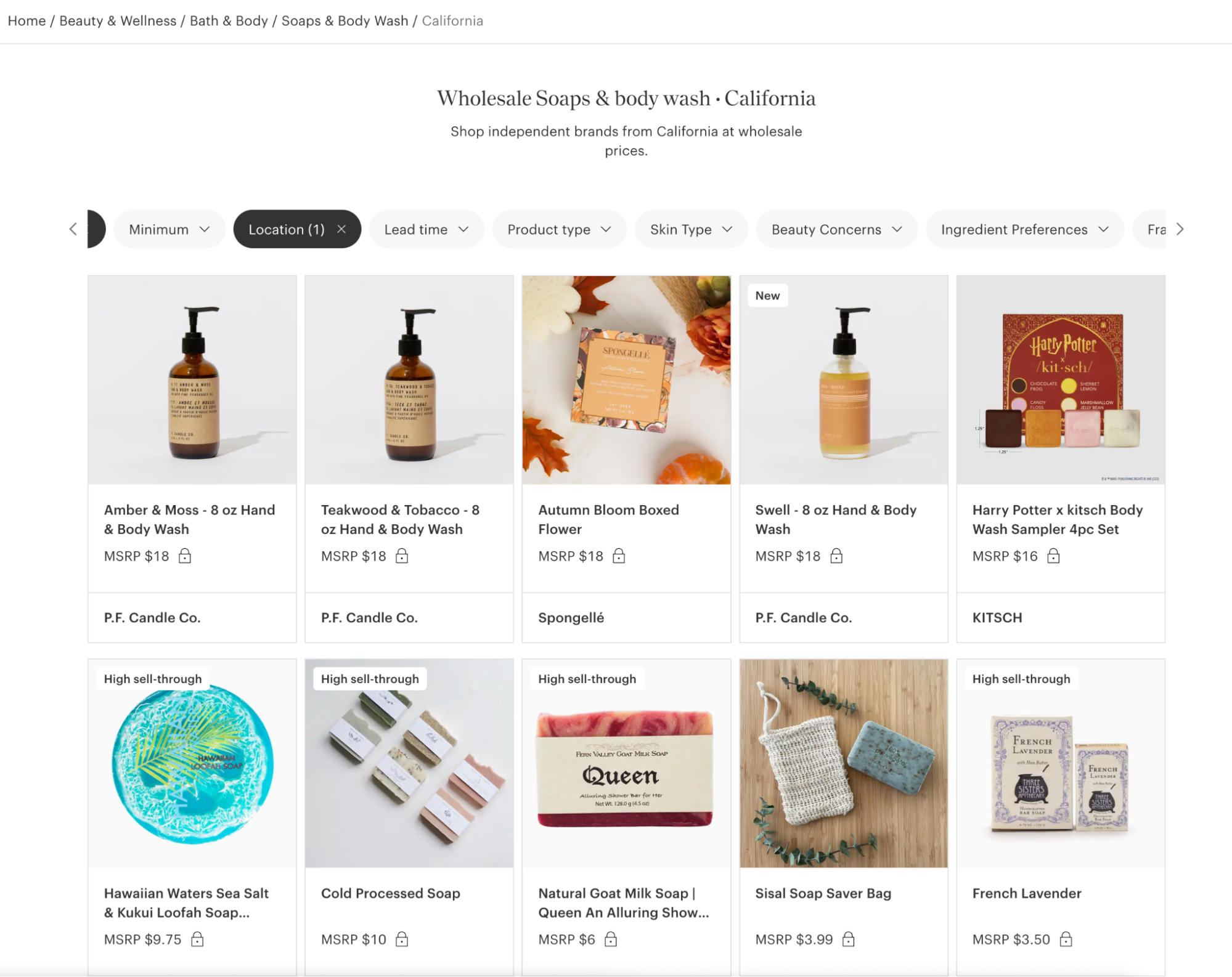 Search results page featuring soaps and body wash on Faire