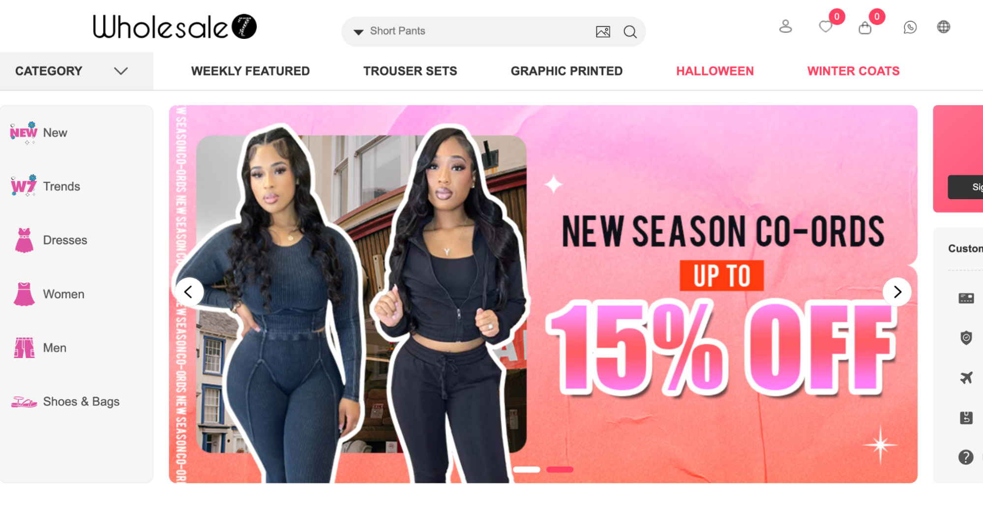 Image of Wholesale7 homepage sporting a 15% off discount