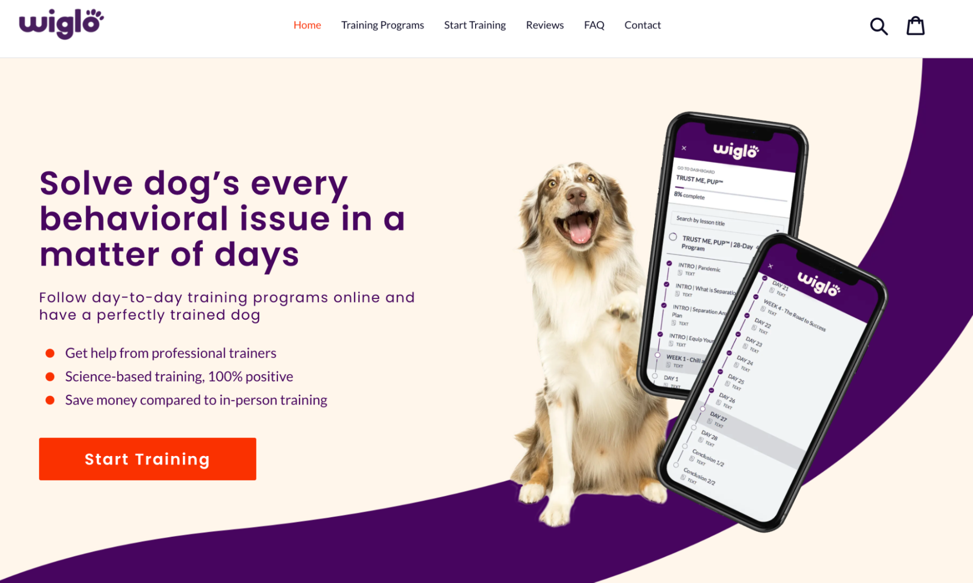 Wiglo dog training app homepage with a smiling dog next to screenshots of the app.