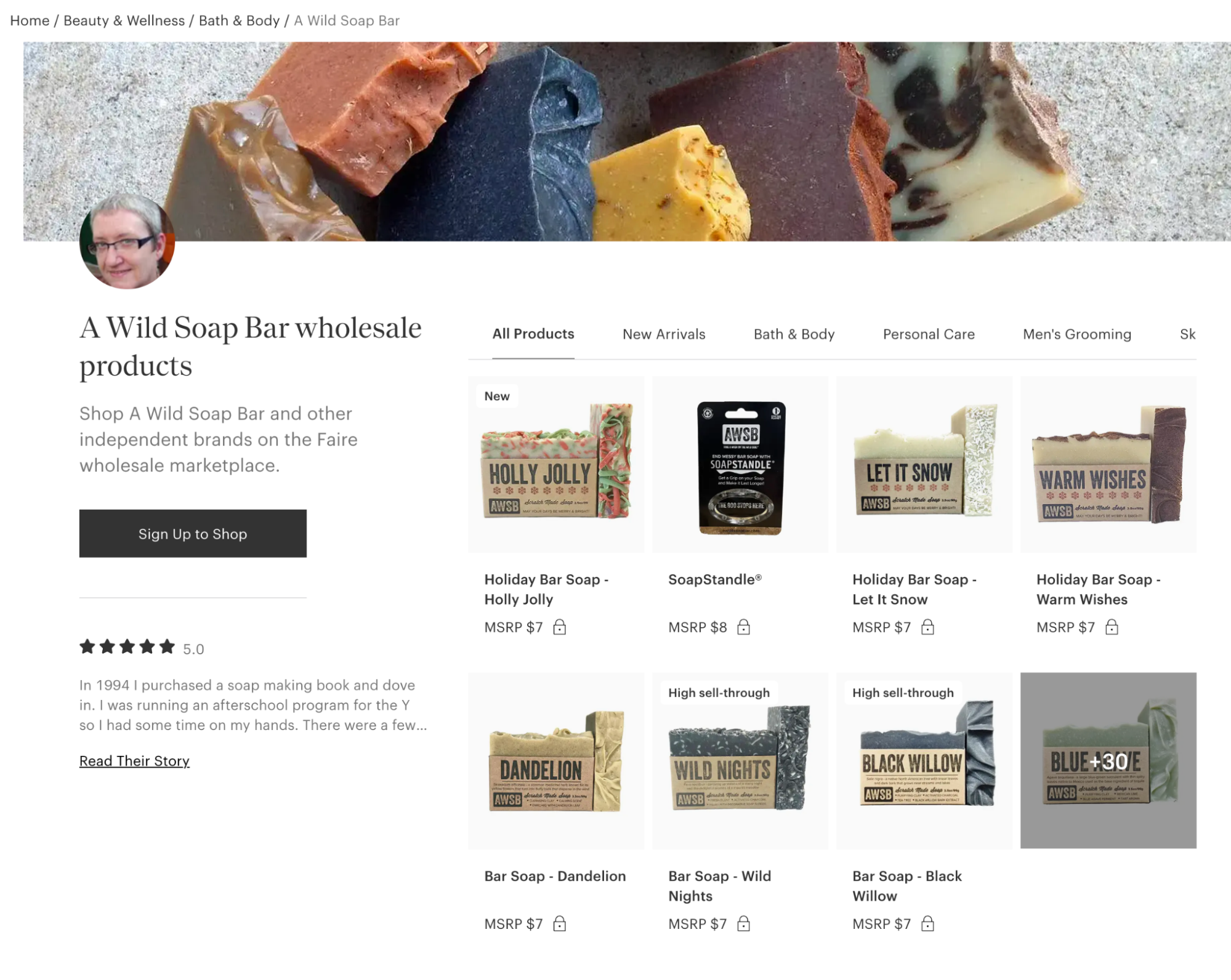 Image of A Wild Soap Bar’s Faire marketplace profile page