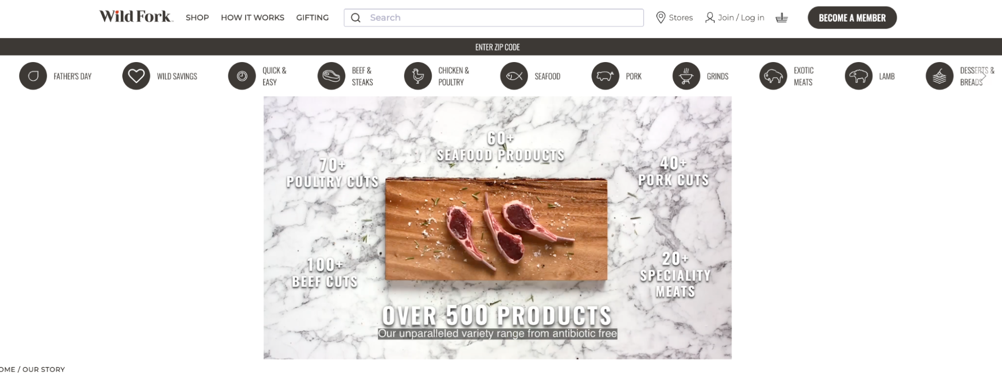 Screenshot of Wild Fork About Us page showing three lamb chops on wooden cutting board