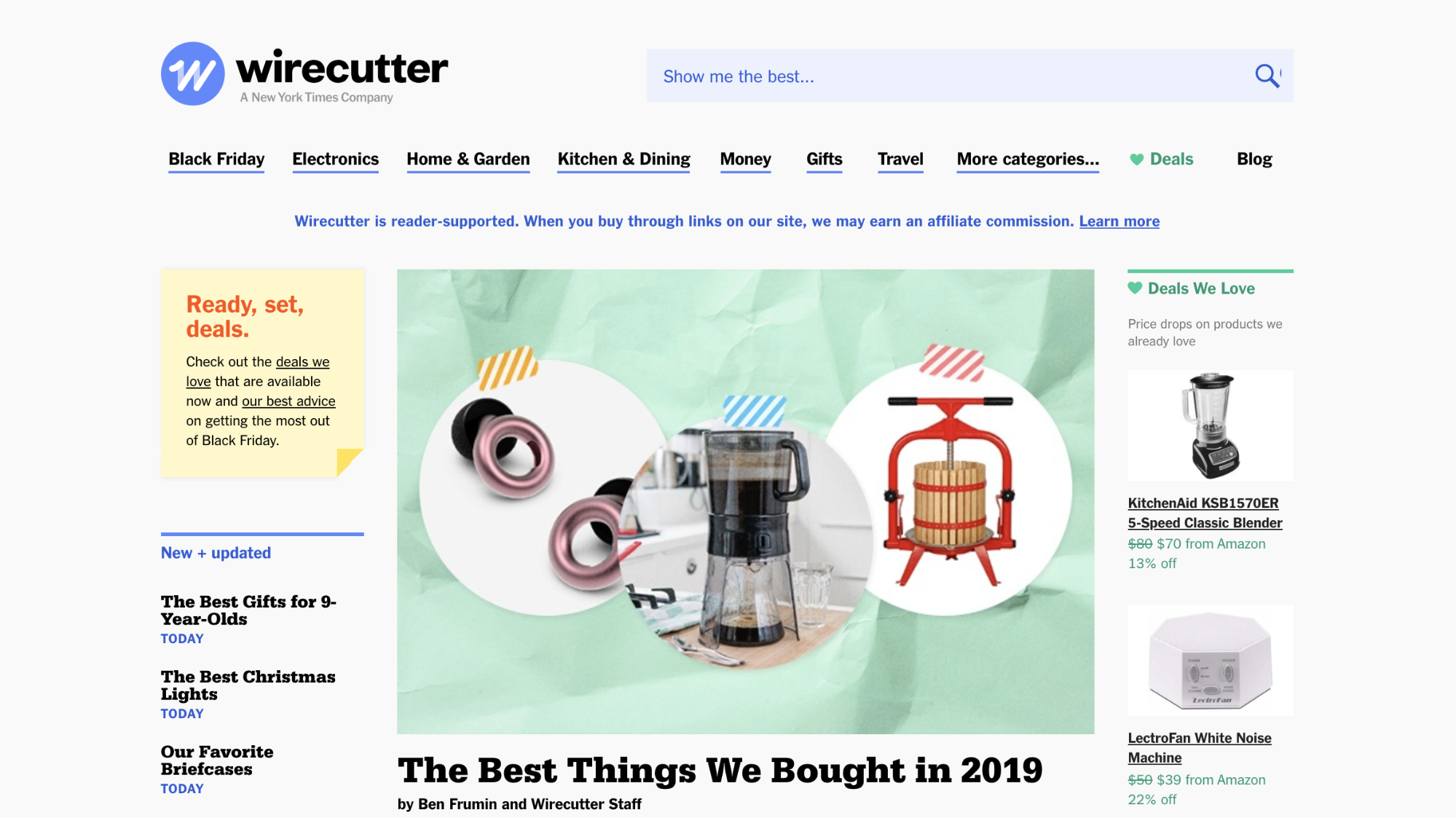 Image of Wirecutter's homepage, a business that monetizes writing reviews and roundups of home products like blenders or white noise machines