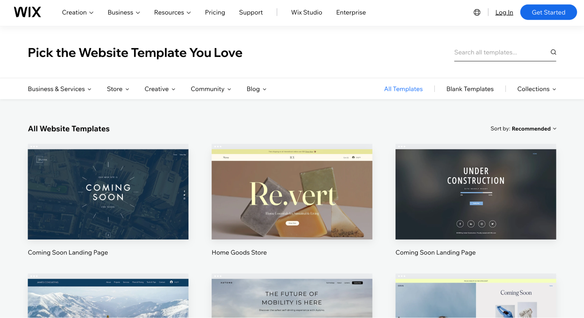 Six screenshots of website templates including themes for online stores and sites under construction.