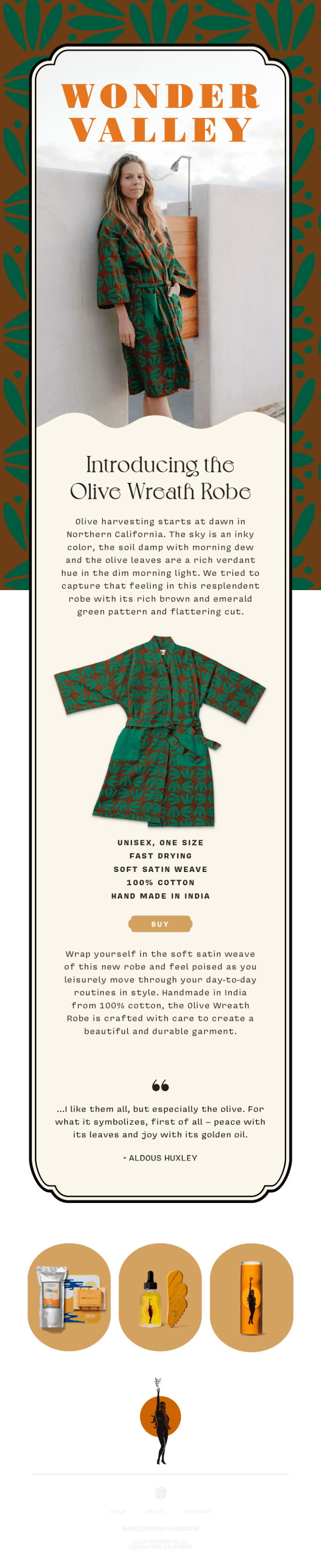 Wonder Valley email introducing a new robe, showing a model wearing it.