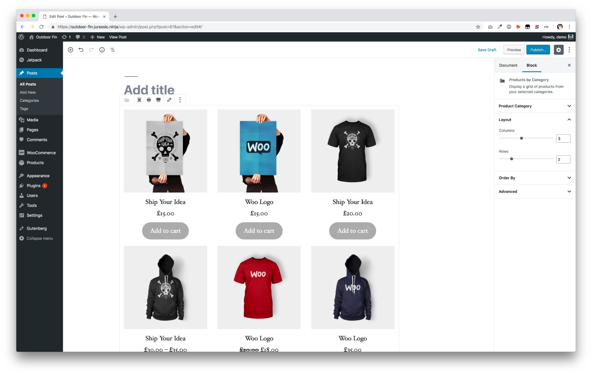 A product page inside a WooCommerce dashboard showing hoodies, t-shirts, and posters.